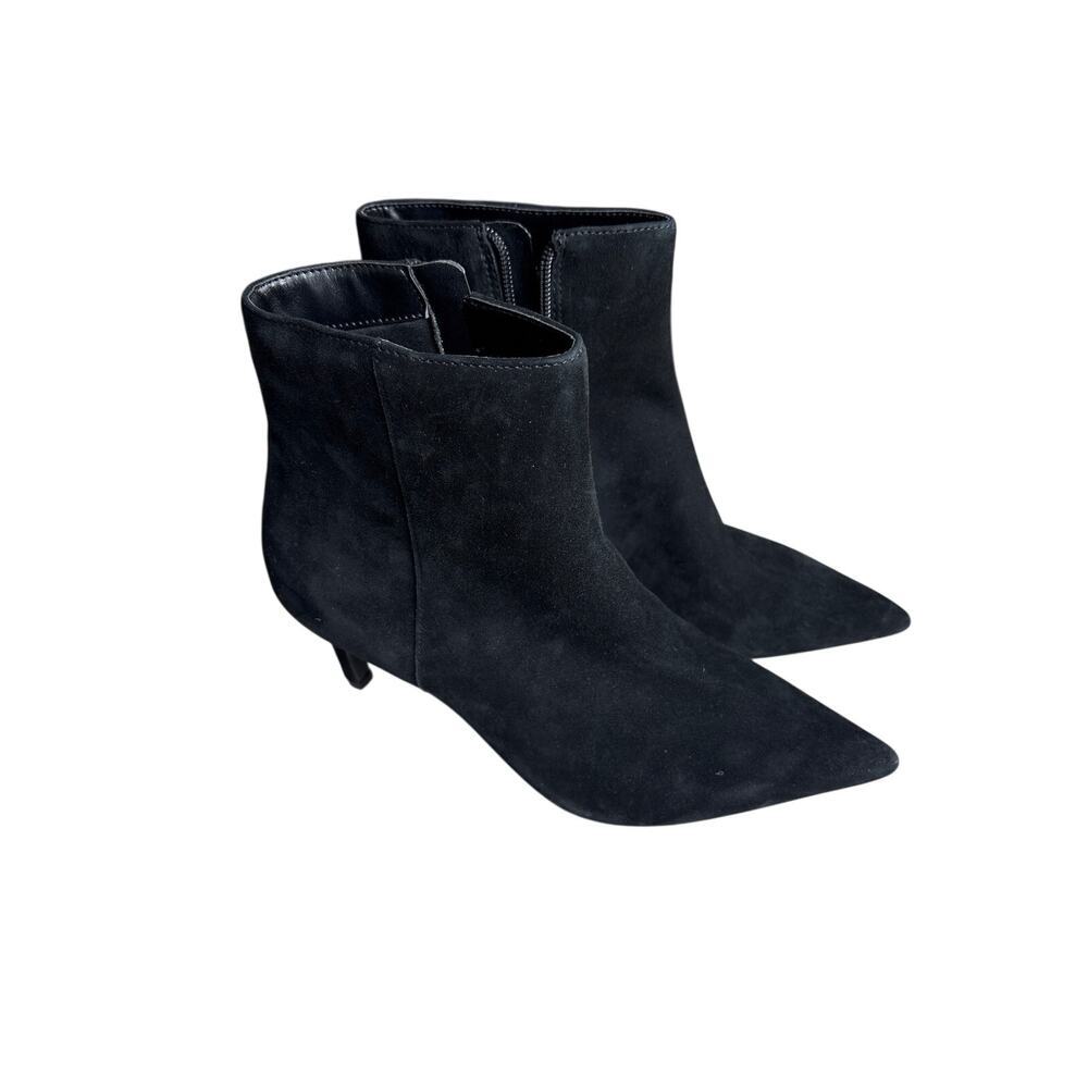 Dune London Black Suede Pointy Toe Ankle Boot Kitten Heel Side Zip EU 39